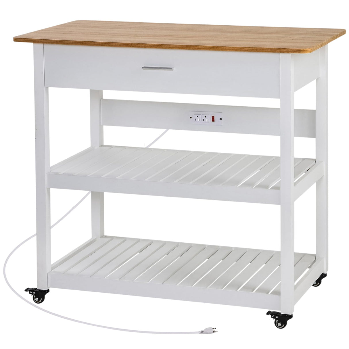 VECELO 40" Width Kitchen Island Cart on Wheels, 3 Tiers Kitchen Cart with Power Strip & Drawer, 2 Spacious Storage Shelf, Easy to Clean, White VECELO