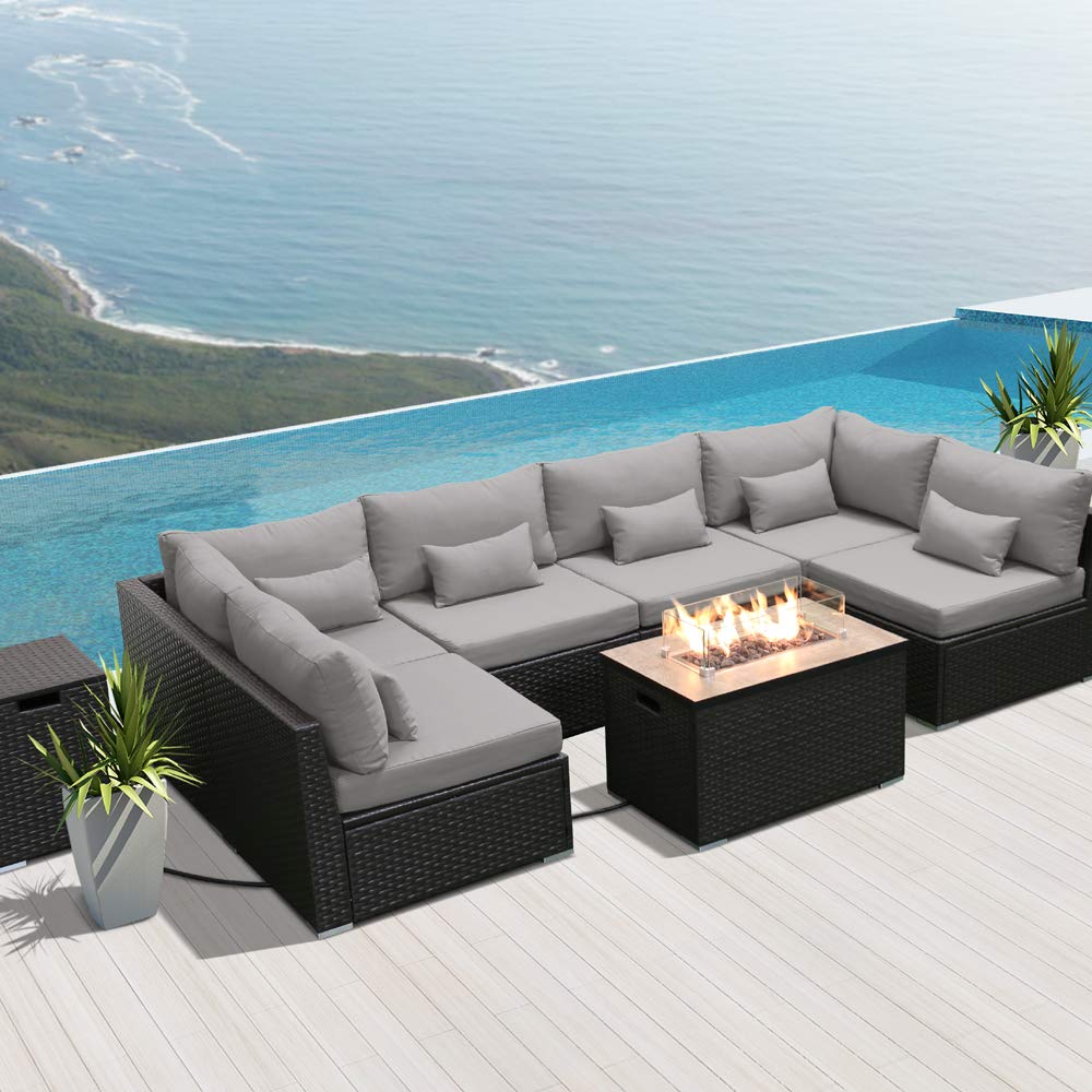 Dineli Sectional Sofa with Gas/Propane Fire Pit Table Outdoor Patio Furniture Sets (Light Gray-Rectangular Table) Dineli