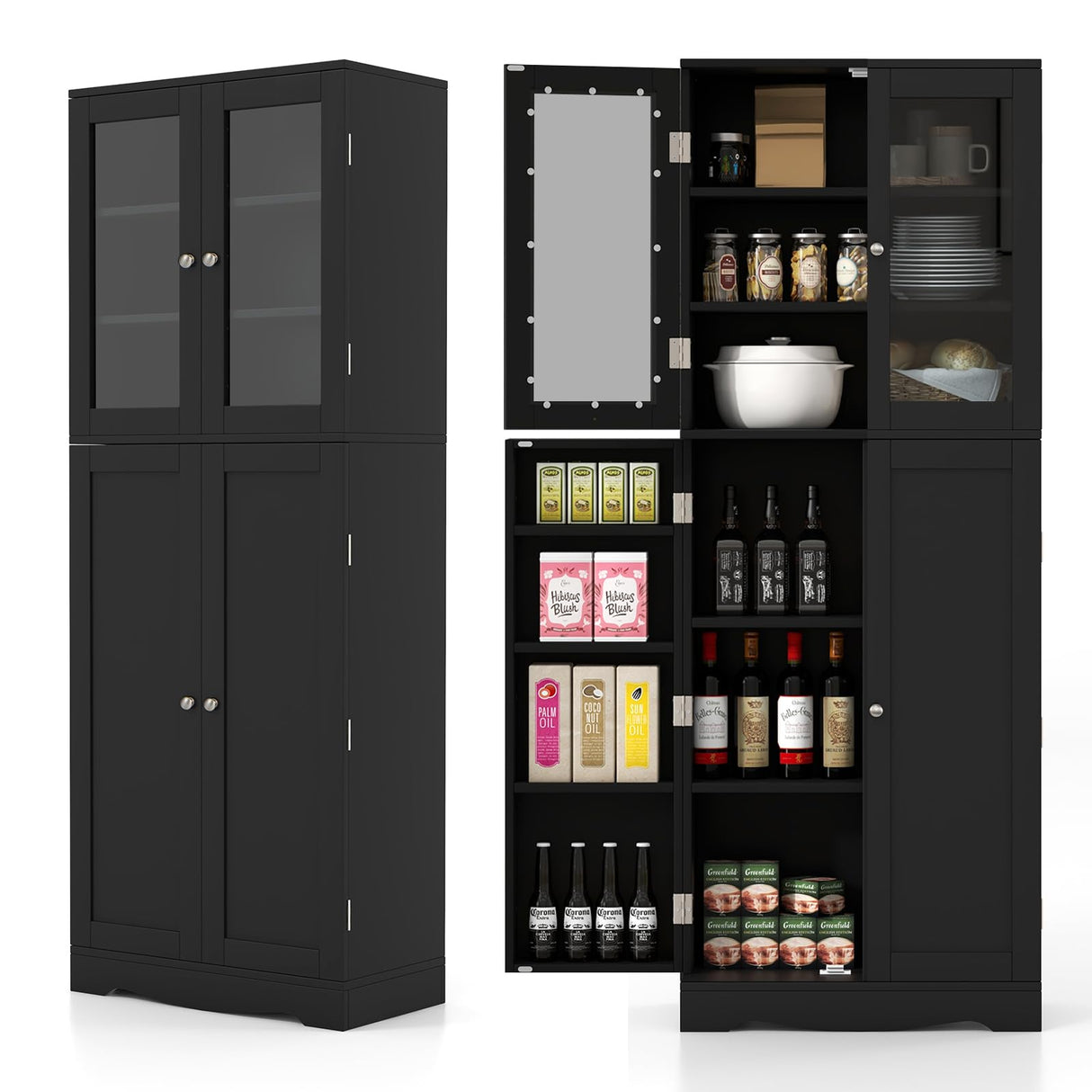 Giantex 63.5" Pantry Organizers and Storage, Freestanding Tall Storage Cabinet for Kitchen Bathroom Living Room Office, Wooden Utility Cupboard with Glass Doors & Shelves, 12.5"x24"x63.5" (Black) Giantex