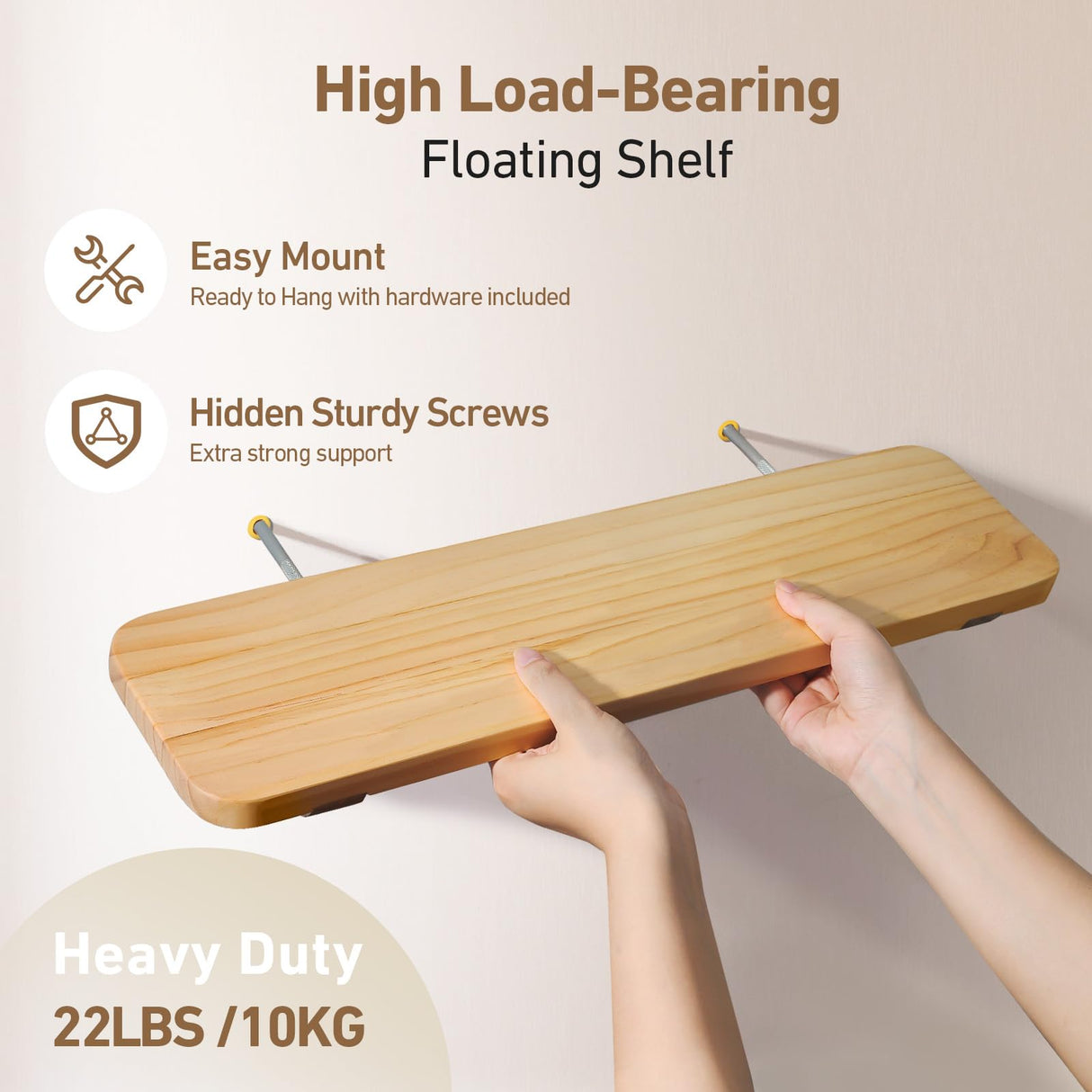 omedecal Wooden Floating Shelves for Wall, 15.7" W x 6" D x 0.6" H Large Wall Shelves, Hanging Storage Shelf with Hooks for Living Room, Kitchen, Bathroom, Bedroom Decor, Natural, 3 Packs omedecal