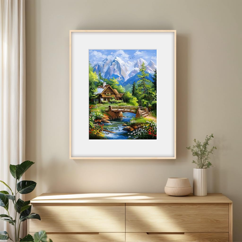 PINFFSHU Landscape Diamond Painting Kit for Adults: Rustic Wood Cabin, Wildflower Meadow, Sparkling Stream & Snowy Peaks - 5D DIY Full Round Drill Diamond Art Kits Home Wall Art Decor, 12x16 Inch PINFFSHU