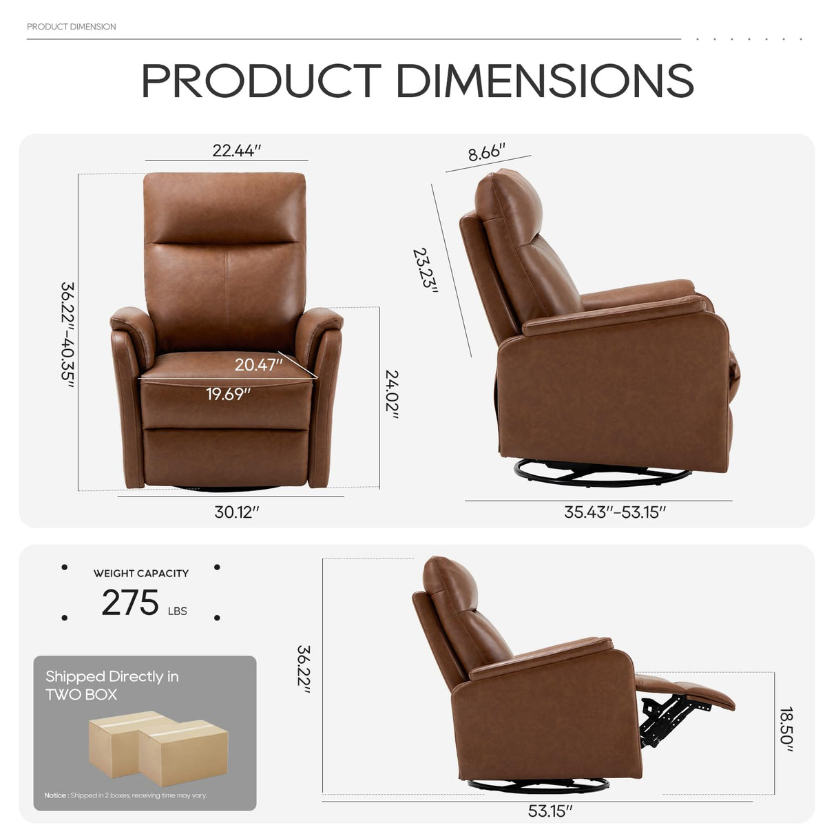 Swivel Rocking Recliner Glider Chair, Leather Nursery Reclining Rocker Chair with Footrest, Ergonomic Backrest, Wide Seat Cushion and Metal Base-Cocoa COLAMY