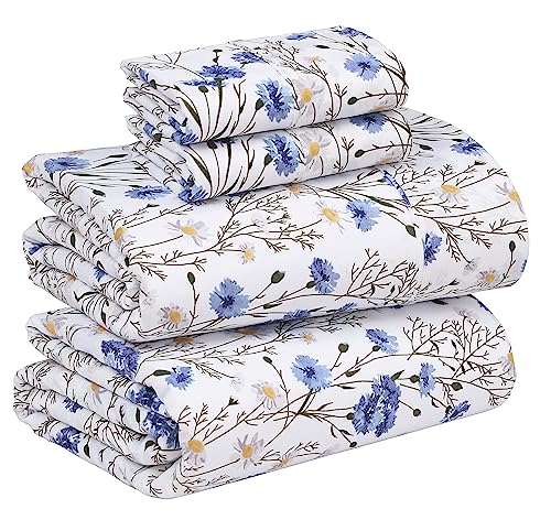 RUVANTI 100% Cotton Sheets – King Size Percale Bedding, Cooling & Breathable Floral Design, Durable with a Crisp, Soft & Comfortable Feel, 16" Deep Pocket, 4-Piece Set, Sweet Pea