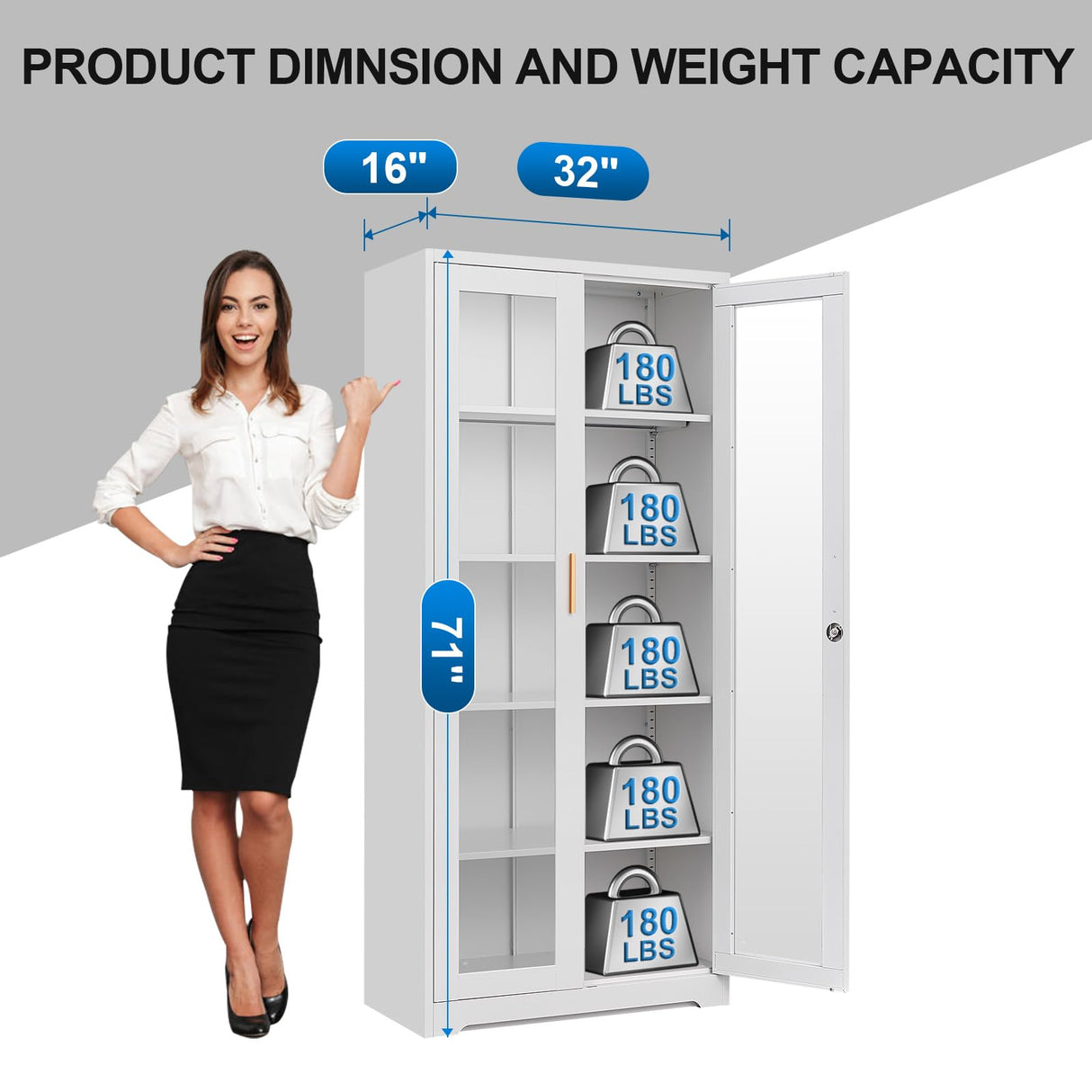 Polup Display Cabinet with Glass Doors, Metal Curio Cabinets with Lock and Shelves, 71''Tall Display Case for Living & Dining Room, Bookcase for Home, Clinic, School (White)- Assemble Required Polup