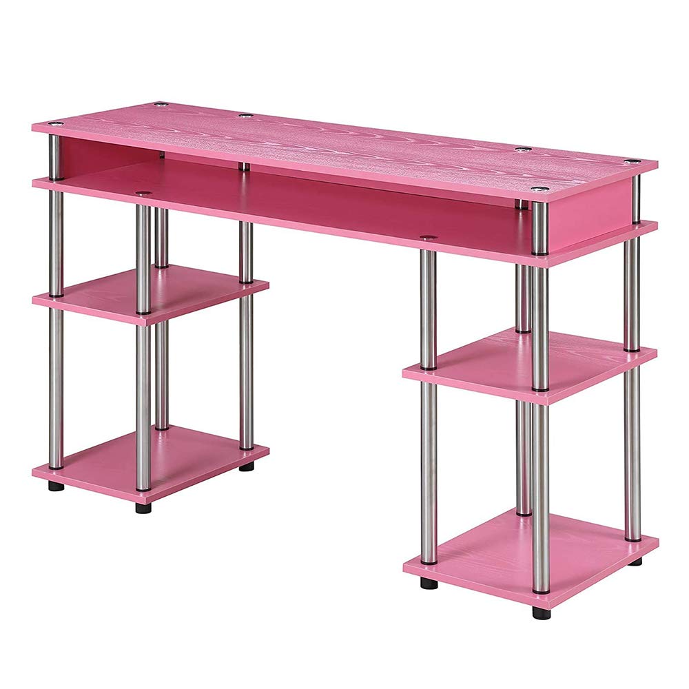 Convenience Concepts Designs2Go No Tools Desk Home Office Desk with Shelves, Corner Shelf Vanity Desk Computer Desk Nail Table for Nail Tech - 47.25" L x 15.75" W x 30" H, Pink Convenience Concepts