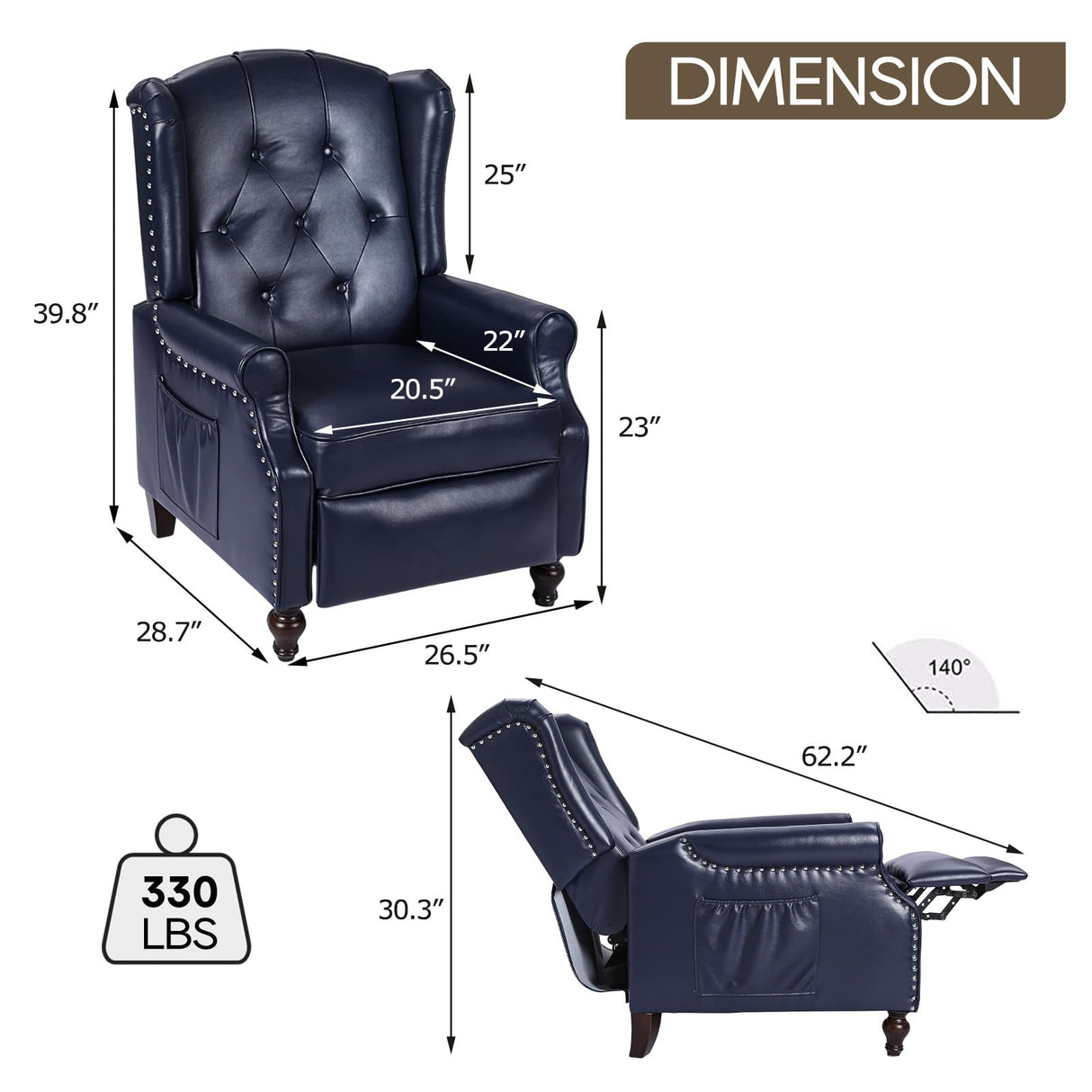 PALLOME Wingback Recliner Chair with Massage and Heat PU Leather Push Back Arm Chair, Recliner Chair for Living Room Bedroom Home Theater (2,Navy Blue) PALLOME