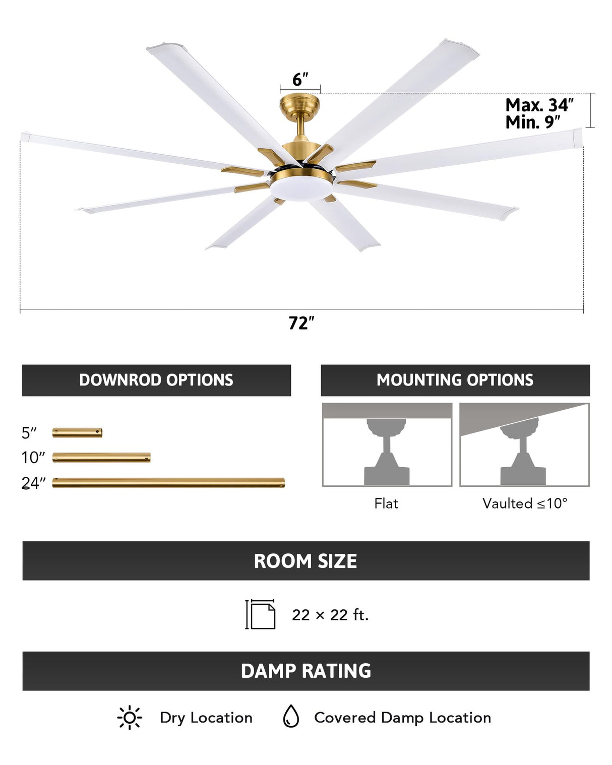 VONLUCE 72 Inch Ceiling Fans with Lights, Large Industrial Ceiling Fan and Remote, 8 Aluminum Blades, 6 Speeds Quiet Reversible DC Motor, Metal Ceiling Fan for Farmhouse Living Room Office, White Gold VONLUCE