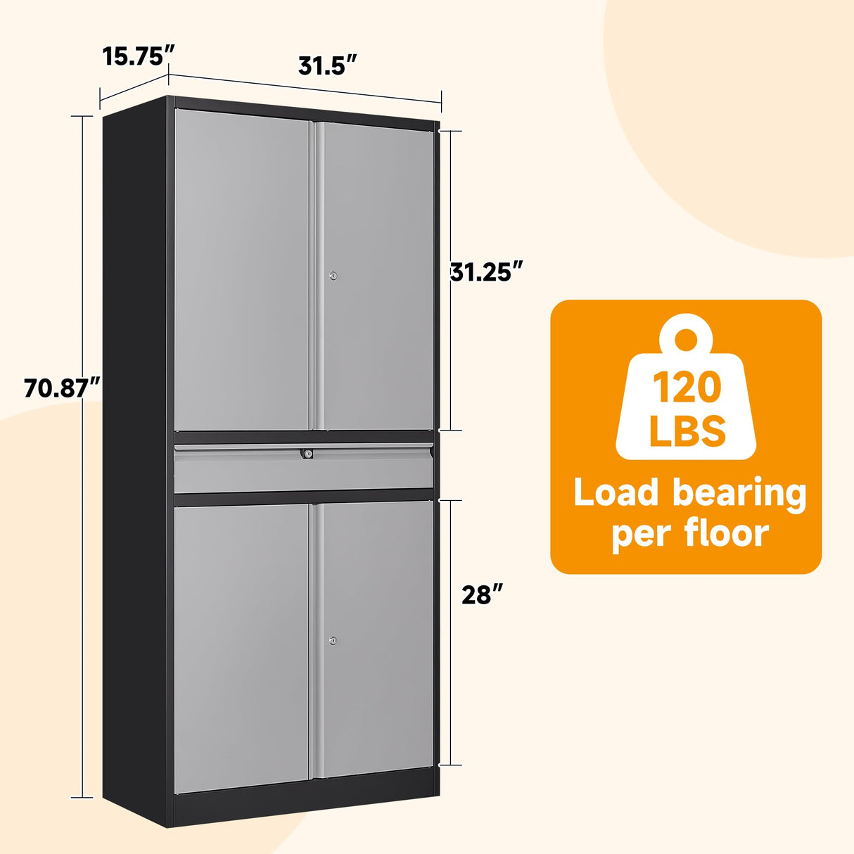 STANI Metal Garage Storage Cabinets with Drawer, 4 Doors Tool Storage Cabinet with 2 Adjustable Shelves, 71"-Lock Steel Locking Cabinet for Garage Utility Room Home Office (Black Grey, 0 Wheel-71 H) STANI