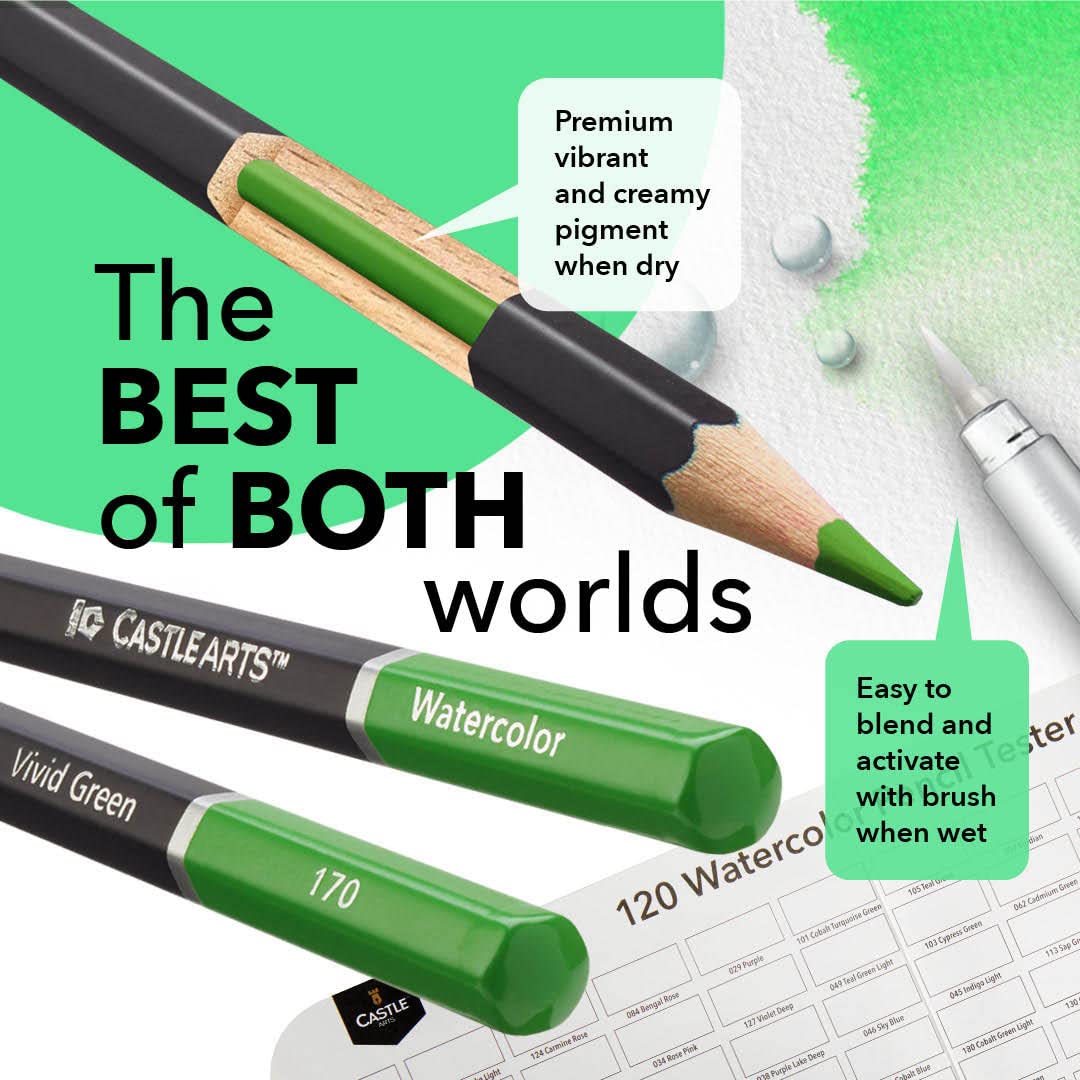 Castle Art Supplies 120 Watercolour Pencils Set with Extras | Quality Vibrant Pigments | Draw and Paint at the Same Time | For Adult Hobbyists, Professionals | In Carry-anywhere Travel Case Castle Art Supplies