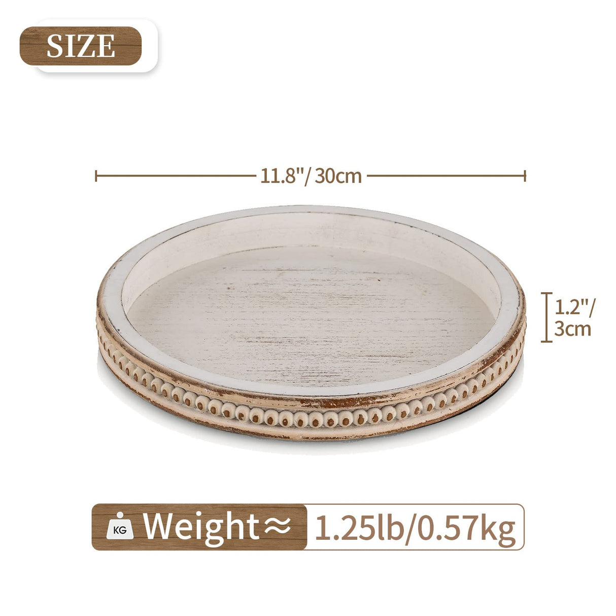 Hanobe Decorative Serving Tray Wood: White Washed Bead Round Tray Decor for Coffee Table Rustic Wooden Trays Farmhouse Centerpiece for Living Room Kitchen Counter Hanobe
