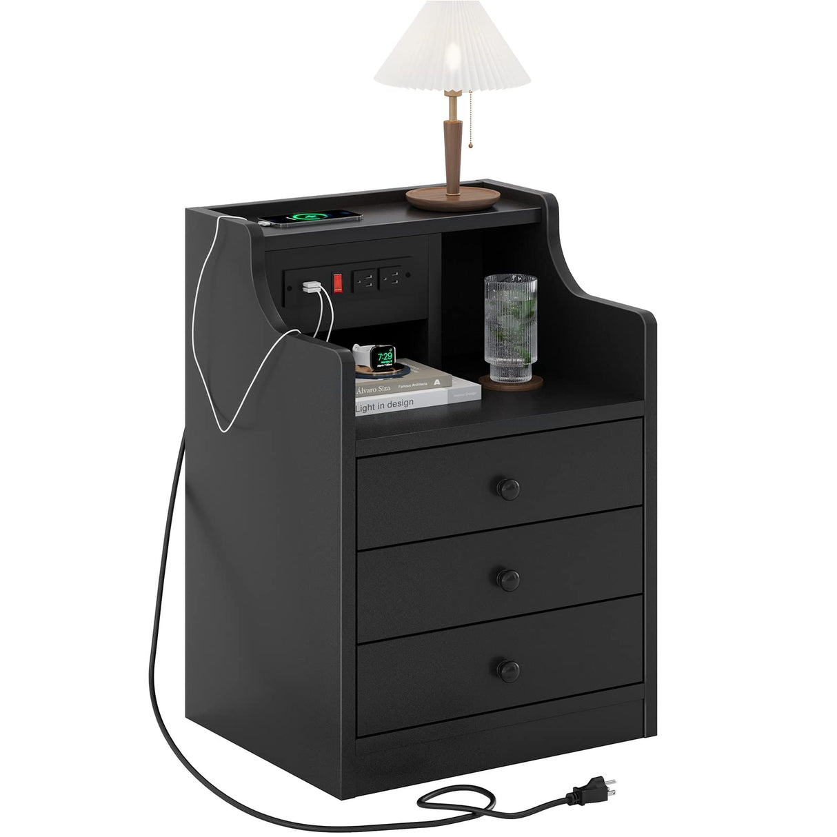 ADORNEVE Night Stand Set 2,Black Nightstand with Charging Station & Hutch,Night Stands for Bedrooms Set of 2,Bedside Table with Drawers ADORNEVE