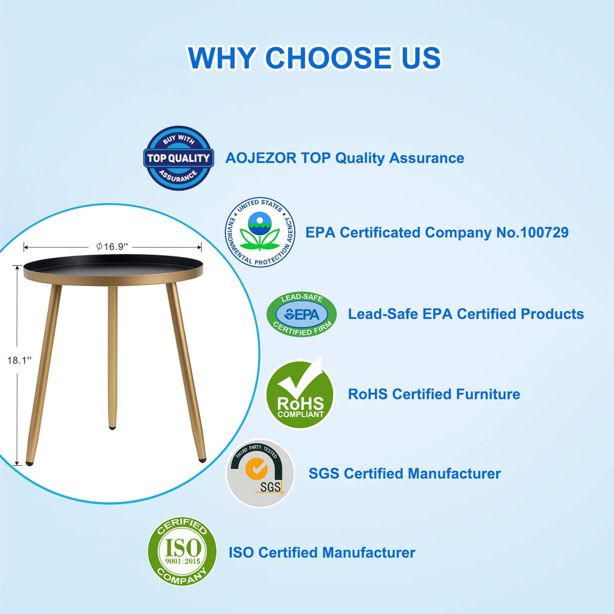 AOJEZOR Side Table: End Table for Any Room - Round Side Tables for Small Spaces - Black Top with 3 Gold Legged AOJEZOR