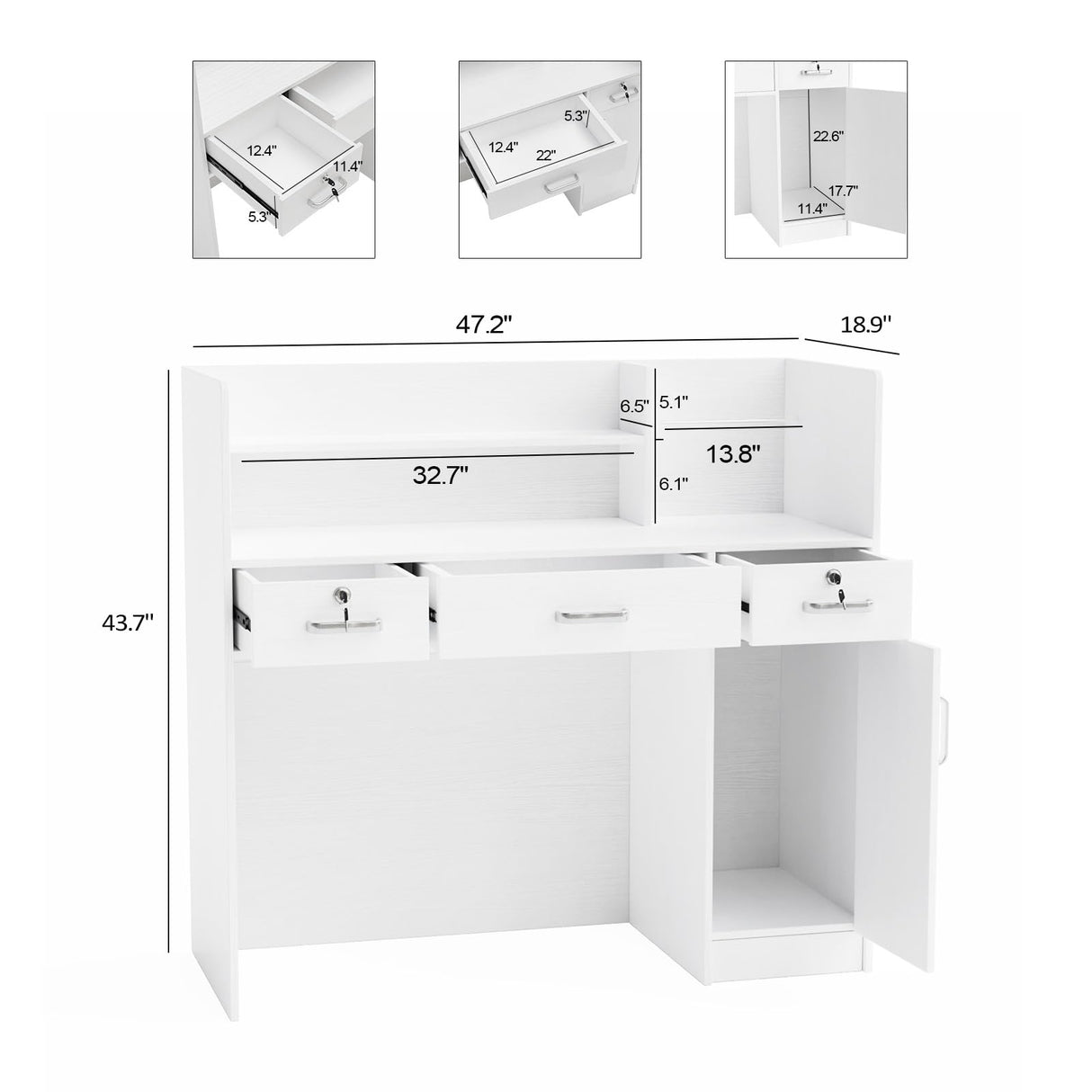 OmySalon Modern Reception Desk, Front Table Counter with Lockable Drawers and Moveable Shelves, Receptionist Desk Retail Checkout, for Lobby Beauty Salon Office, White (47.2”W x 18.9”D x 43.7”H) OmySalon