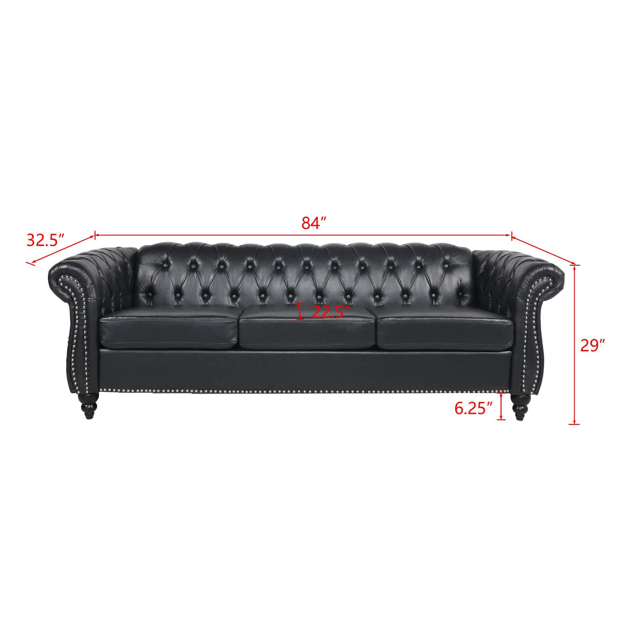 RARZOE Modern 3 Seater PU Chesterfield Sofa, Upholstered Tufted Button Leather Chesterfield Couch, Classic Faux Leather Settee with Nailhead Trim Scroll Arms for Living Room Bedroom(Black) RARZOE