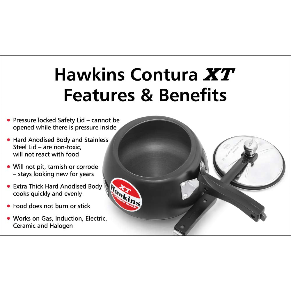 Hawkins 2 Litre Contura Black XT Pressure Cooker, Hard Anodised Inner Lid Cooker, Small Induction Cooker, Handi Cooker, Black (CXT20) HAWKINS