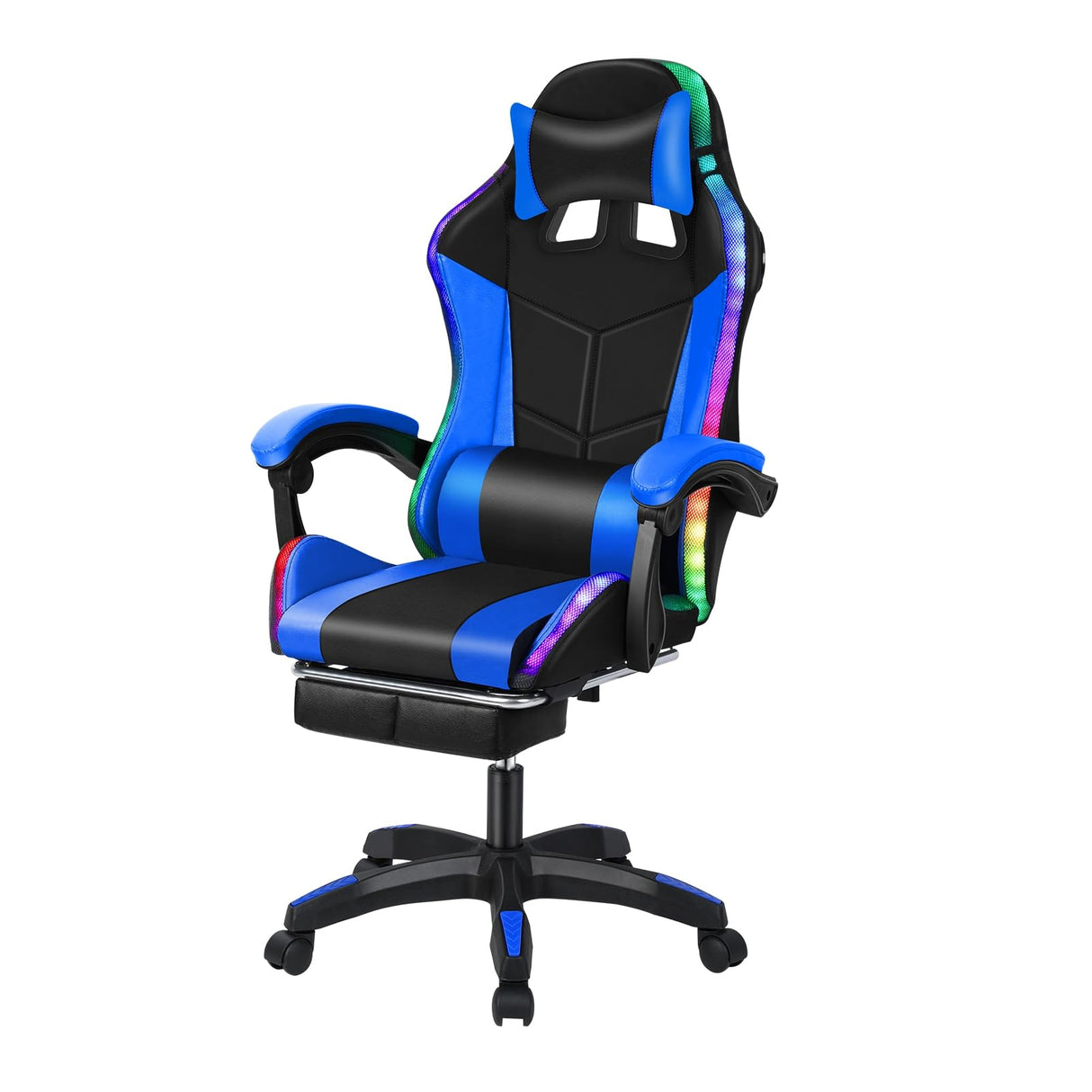 Gaming Chair, Computer Chair with Footrest and Lumbar Support, Height Adjustable Game Chair with 360° Swivel Seat and Headrest, High Back Office Chair with Bluetooth Speakers and RGB LED Lights Blue NEREIDS NET