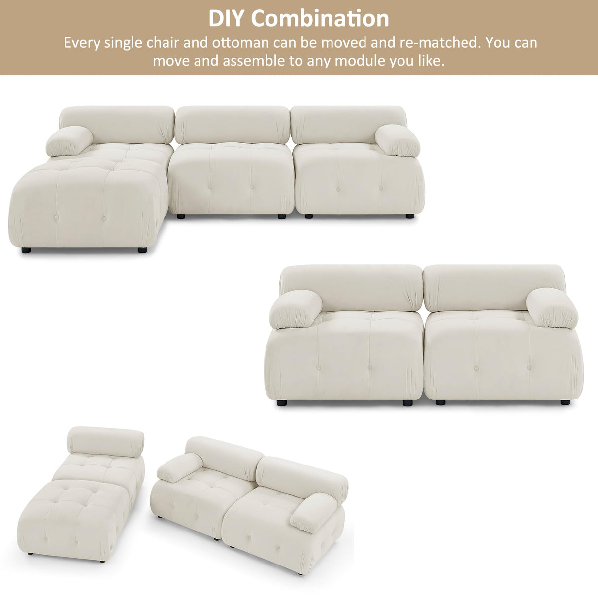 GNIXUU Modular Sectional Sofa, 93" Convertible L-Shaped Couch for Living Room, Modern Button Tufted Cloud Couches with Comfy Armrest, Beige Velvet GNIXUU