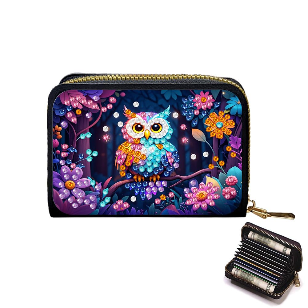 DIY Diamond Art Painting Kit - PU Leather Credit Card Holder Wallet & Coin Purse with Owl Pattern, Zipper Organizer 4.33x3.14in for Adults Santiway