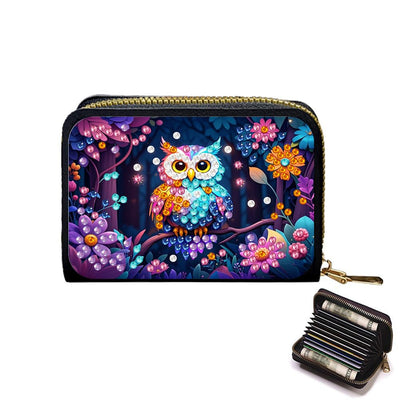 DIY Diamond Art Painting Kit - PU Leather Credit Card Holder Wallet & Coin Purse with Owl Pattern, Zipper Organizer 4.33x3.14in for Adults