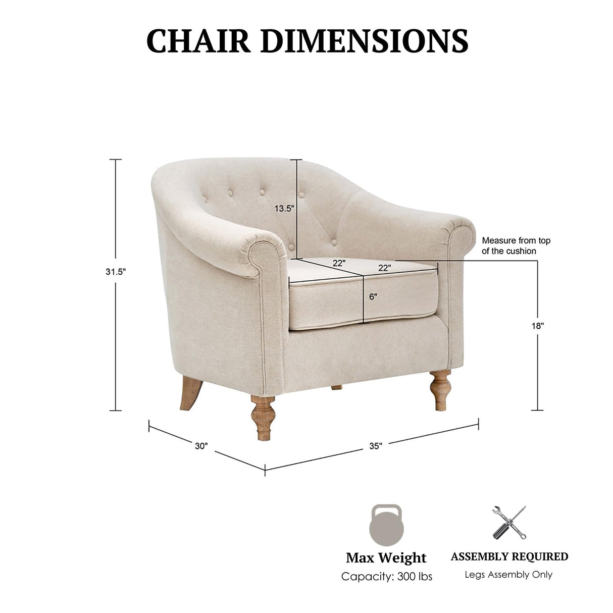 Martha Stewart Fayette Accent Chair for Living Room Bedford Collection, Tufted Back, Traditional Rolled Arms, 6" Thick Removable Cushion, Modern Farmhouse Furniture Bedroom Chair, 35" Wide Cream Martha Stewart