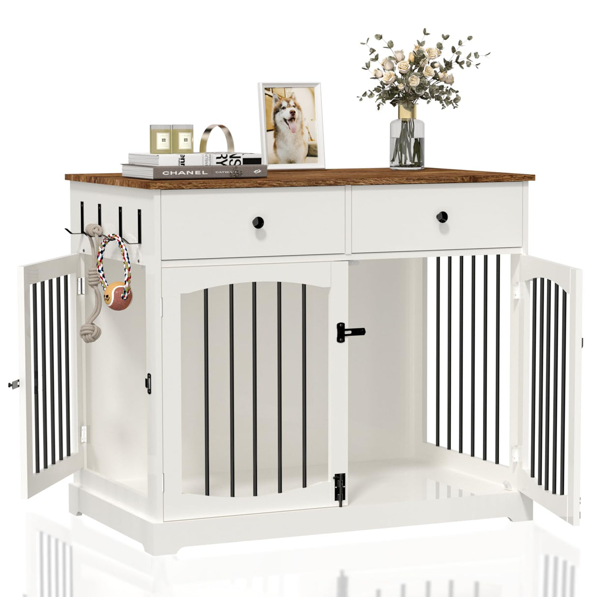 BREEZEHEAT 40 inch Dog Crate Furniture-Farmhouse Dog Kennel with Drawers-End Table Wooden Pet Crate, Double Door Design, Decorative Dog House Indoor for Small Medium Large Dog, White BREEZEHEAT