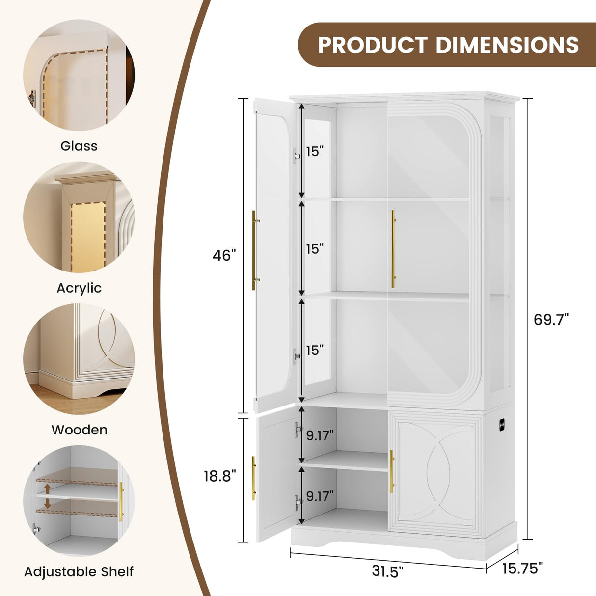 Lareth Display Cabinet with Glass Doors, 69 in Tall Bookcase with LED Lights, Glass Display Case Kitchen Pantry Cabinet, 5 Tier Curio Storage Cabinet for Living Room, Home Office, White Lareth
