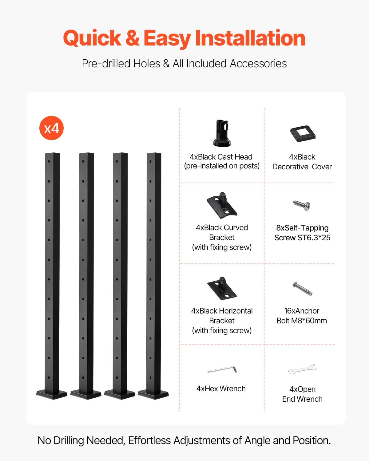 VEVOR 4 Pack Cable Railing Post, 42"x2"x2" Level Drilled Deck Railing Post, SUS304 Stainless Steel Black Cable Railing System Kit for Indoor Outdoor Deck Balcony, 4JZLGZXHS106URZU0001V0 VEVOR