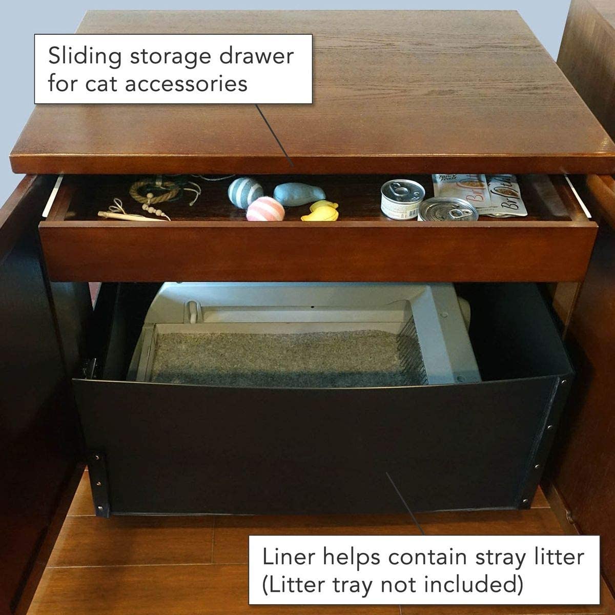 THE REFINED FELINE Cat Litter Box Enclosure Cabinet, Modern, Mahogany Brown, Round Feet, Large, Hidden Litter Cat Furniture with Drawer THE REFINED FELINE