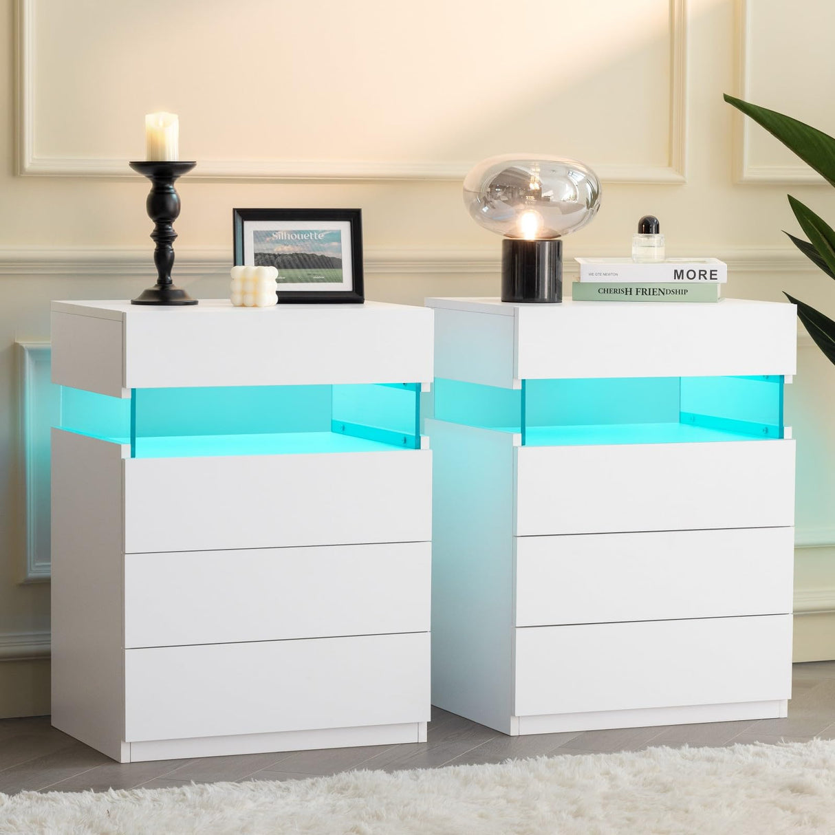 Bingoday Night Stands Set of 2 White LED Nightstand Set 2 with 4 Drawers Modern Bedside Tables for Bedroom, Living Room (White) Bingoday