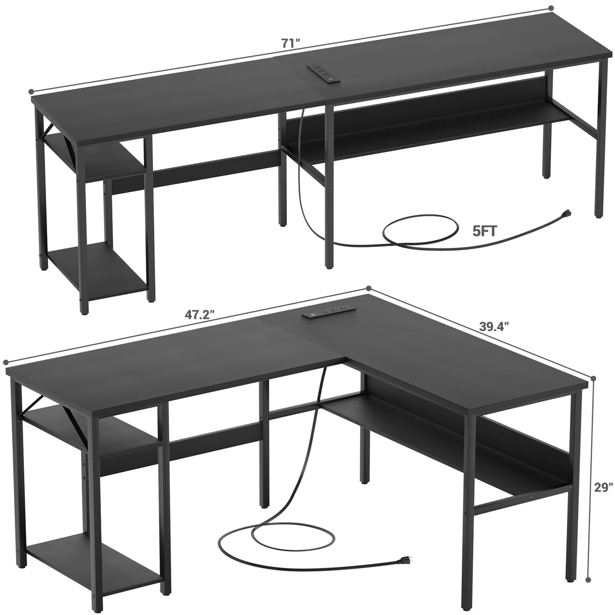 Hyomdeck Reversible L Shaped Computer Desk with Power Outlets and USB Charging Ports, Sturdy Corner Desk with Storage Shelf, Modern Work Gaming Table for Home Office, Easy to Assemble, Black Hyomdeck