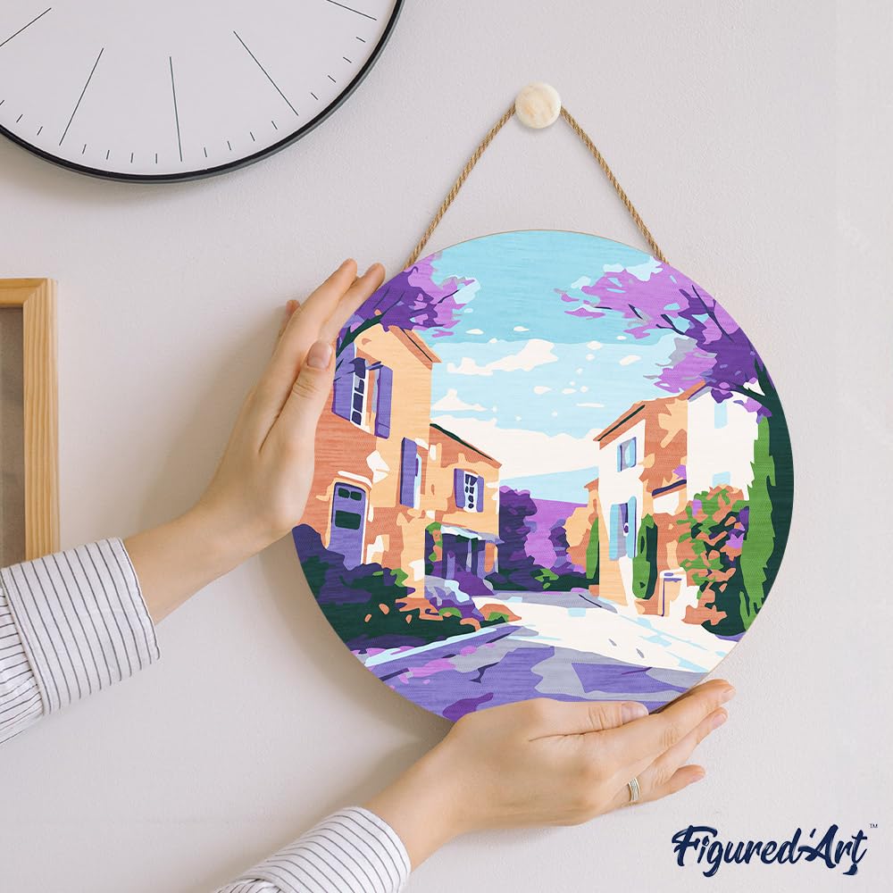 Figured'Art Paint by Numbers Kit for Adults on Wood Slice, 11.8in Diameter - Provence Spring - Craft Art Painting DIY Canvas Figured'Art