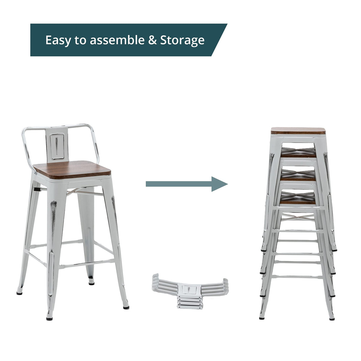 Andeworld Bar Stools Set of 4 Counter Height Stools Industrial Metal Barstools with Wooden Seats(24 Inch, Distressed White) Andeworld