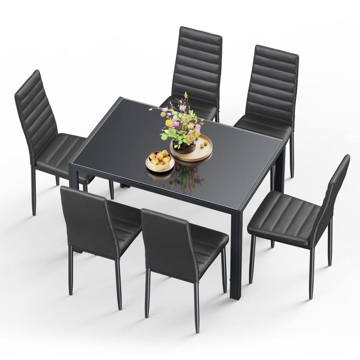 Gizoon Glass Dining Table Sets for 6, 7 Piece Kitchen Table and Chairs Set for 6 Person, PU Leather Modern Dining Room Sets for Home, Kitchen, Living Room Gizoon