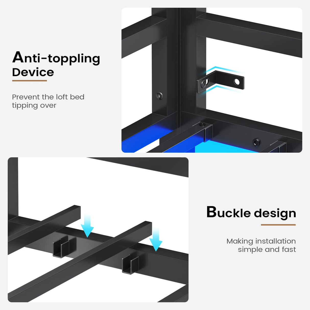 Hasuit Twin Loft Bed with LED Lights, Metal Loft Bed Twin Size with Full-Length Guardrail &Clothes Rack, Heavy Duty Metal Loft Bed Frame, Space-Saving, Noise Free, No Box Spring Needed, Black Hasuit