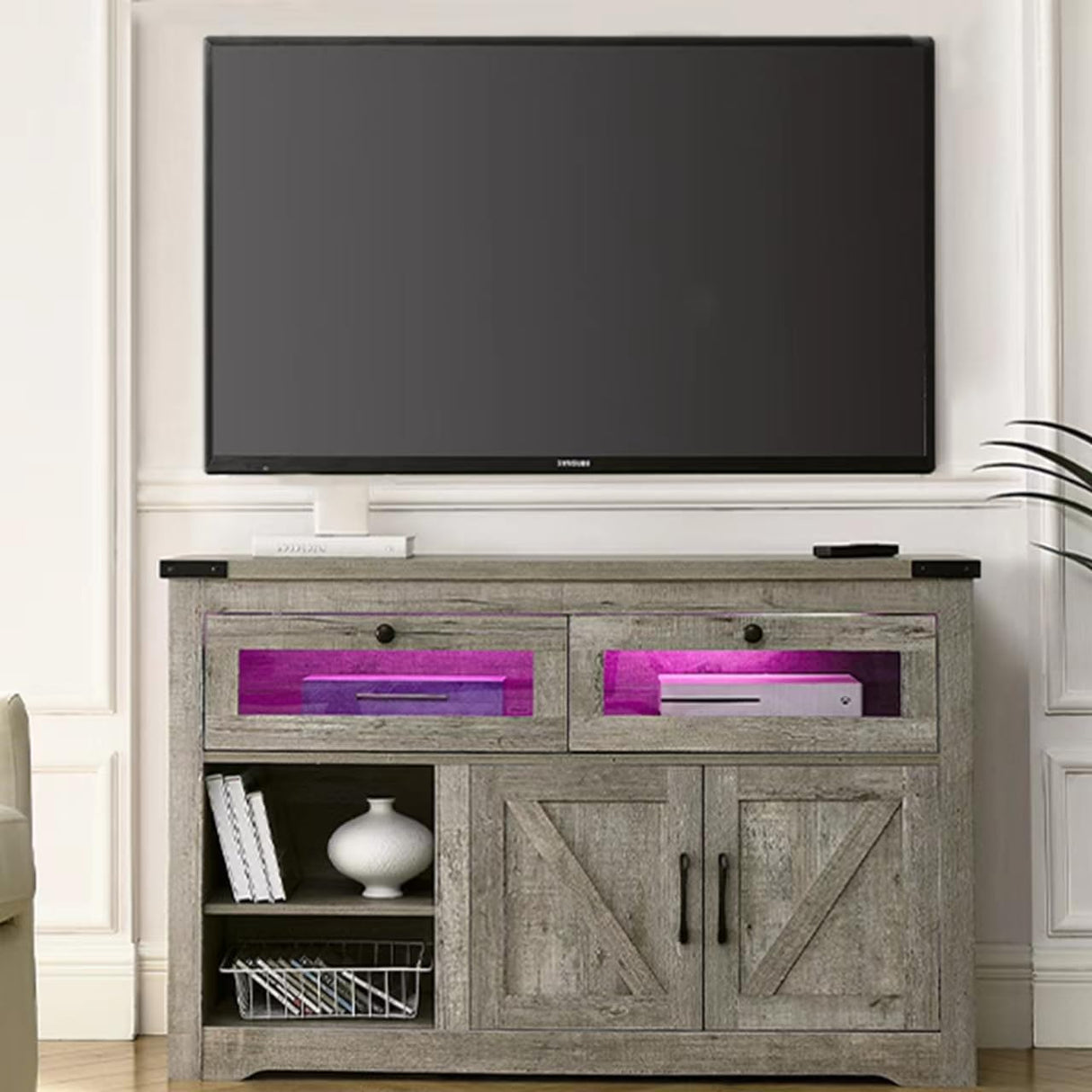 EXQUAL Sideboard Buffet Cabinet with Storage, 47" Kitchen Storage Cabinet with LED Lights, Farmhouse Coffee Bar with 2 Barn Doors for Kitchen Dining Room, Hallway, Living Room EXQUAL