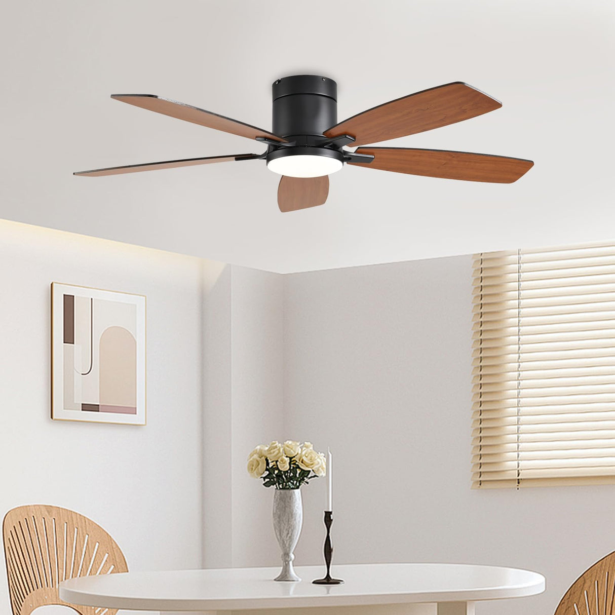 FUMLTP 52inch Ceiling Fans with Lights, Low Profile Ceiling Fan with Light and Remote Control/APP Control, Flush Mount, Reversible Motor, Dimmable, Noiseless, Brown Ceiling Fan for Bedroom (Brown FUMLTP