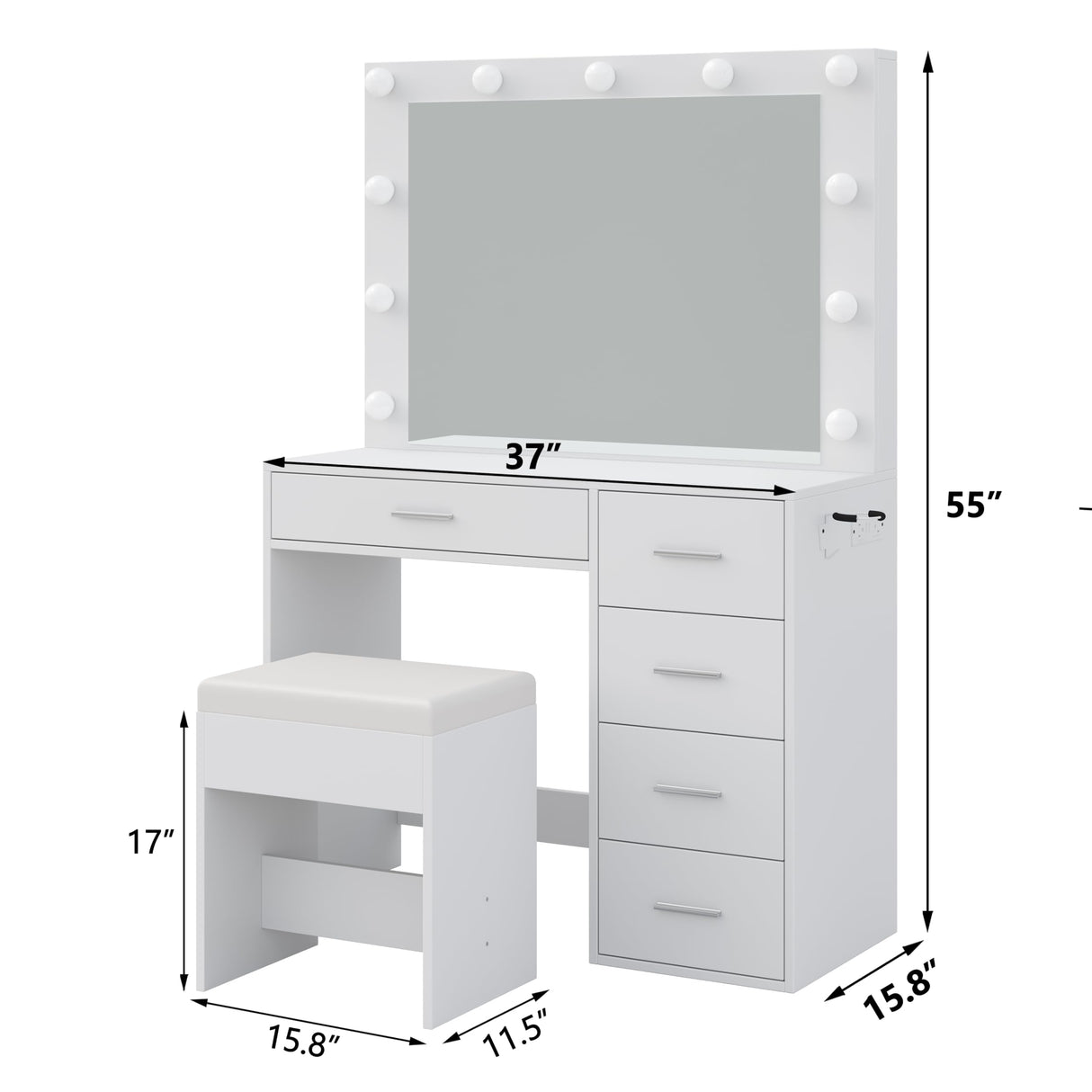 Yanosaku Vanity Desk & Power Outl,Makeup Vanity with Mirror and 11 LED Lights, Makeup Table with 5 Drawers,Vanity Table with Chair,Vanity Set 3 Lighting Modes Brightness Adjustable for Bedroom, White Yanosaku
