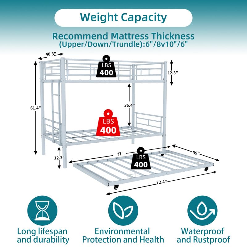 NeoTechEra Heavy-Duty Twin Over Twin Bunk Bed with Trundle - Convertible Adult Bunk Bed Frame, Full-Length Guardrail & Secure Ladder - No Box Spring, Space-Saving Platform Bed for Home/Dorm NeoTechEra