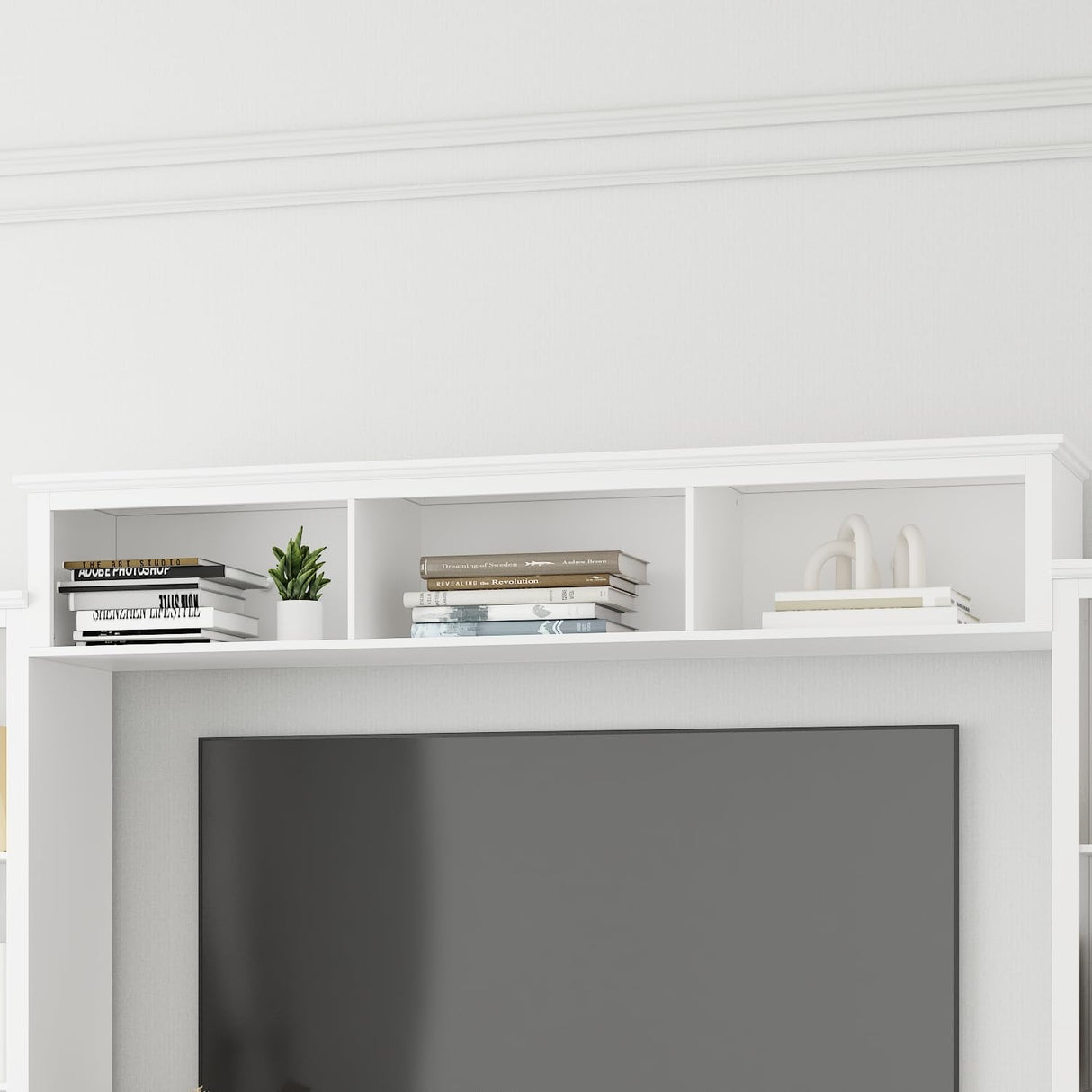 ROMSHINE Wall Unit Entertainment Center, TV Wall Units for Living Room with Storage, 102" W Large Farmhouse TV Stand with Glass Doors, Ajustable Bookshelf & Bridge for Bedroom, White ROMSHINE