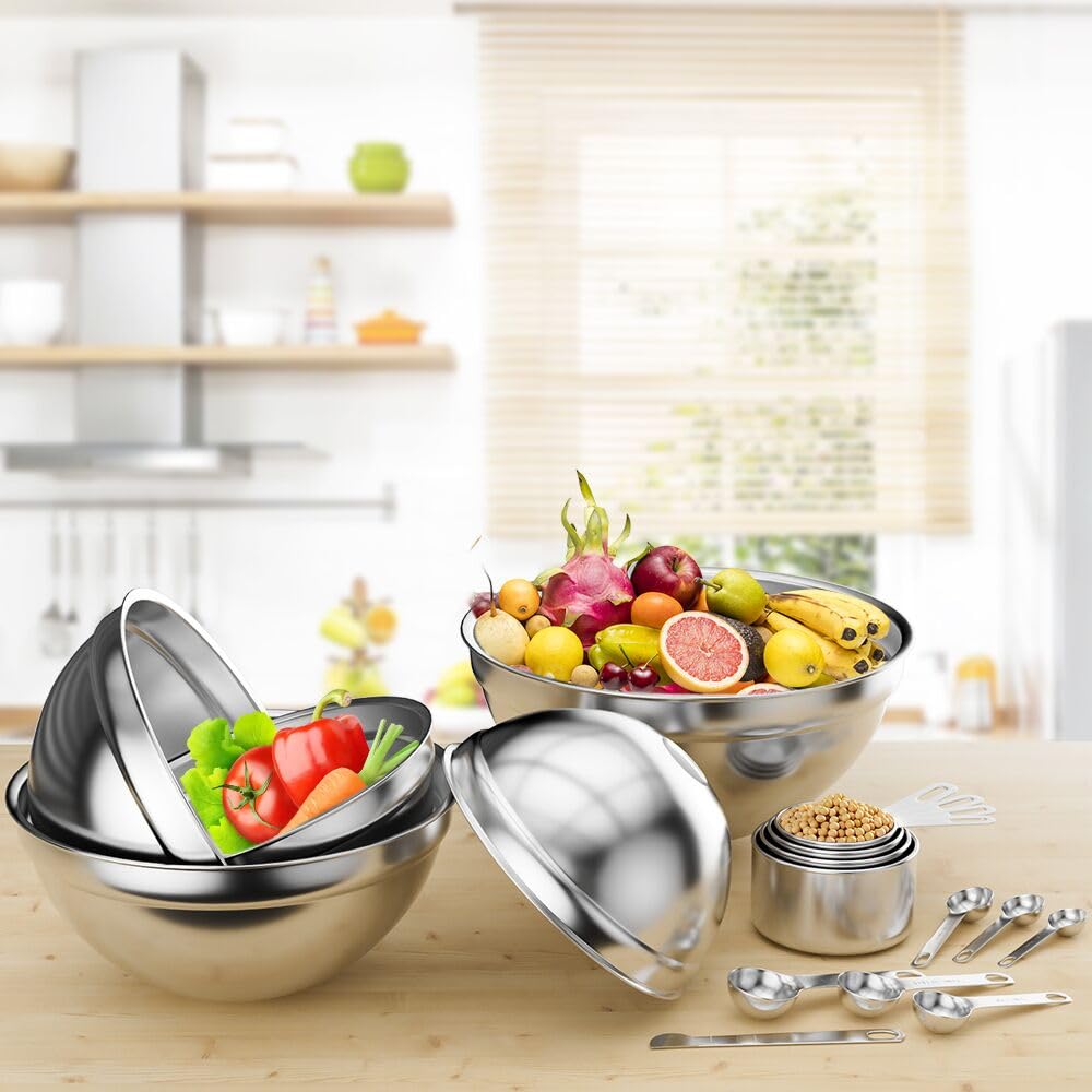 WEPSEN 5-Speed Electric Hand Mixer, 4 Large Mixing Bowls Set, Handheld Mixers with Whisks Beater, Stainless Steel Metal Nesting Bowl Measuring Cups Spoons Kitchen Cake Blender for Baking Supplies WEPSEN