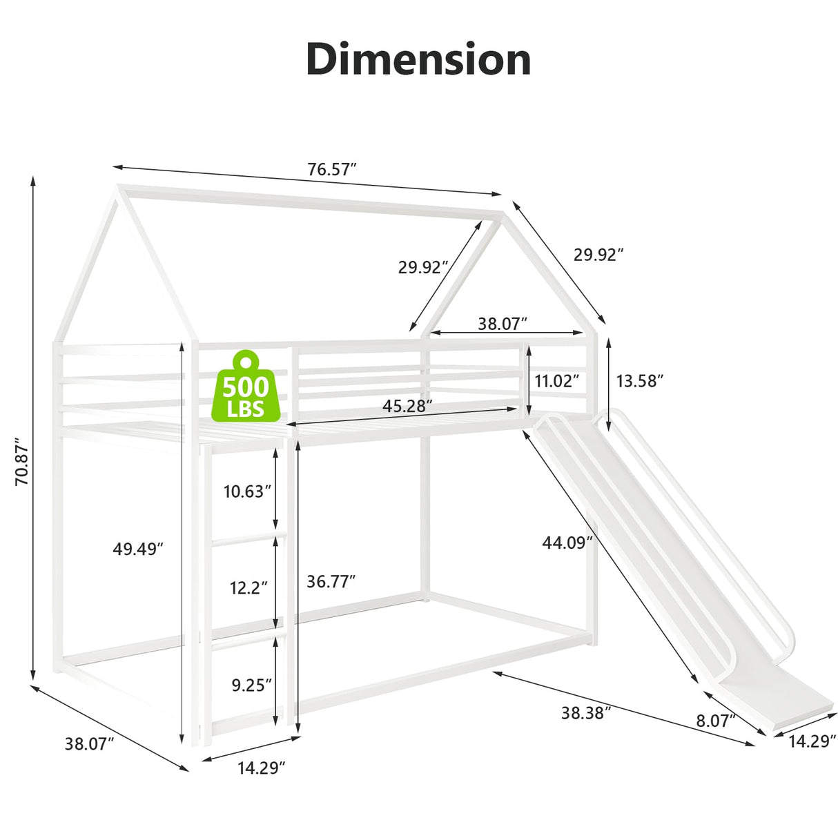 Tufons Metal Bunk Bed with Convertible Slide & House Roof Design - Twin-Over-Twin Low Frame | Full Guardrail, Montessori Style (White) Tufons
