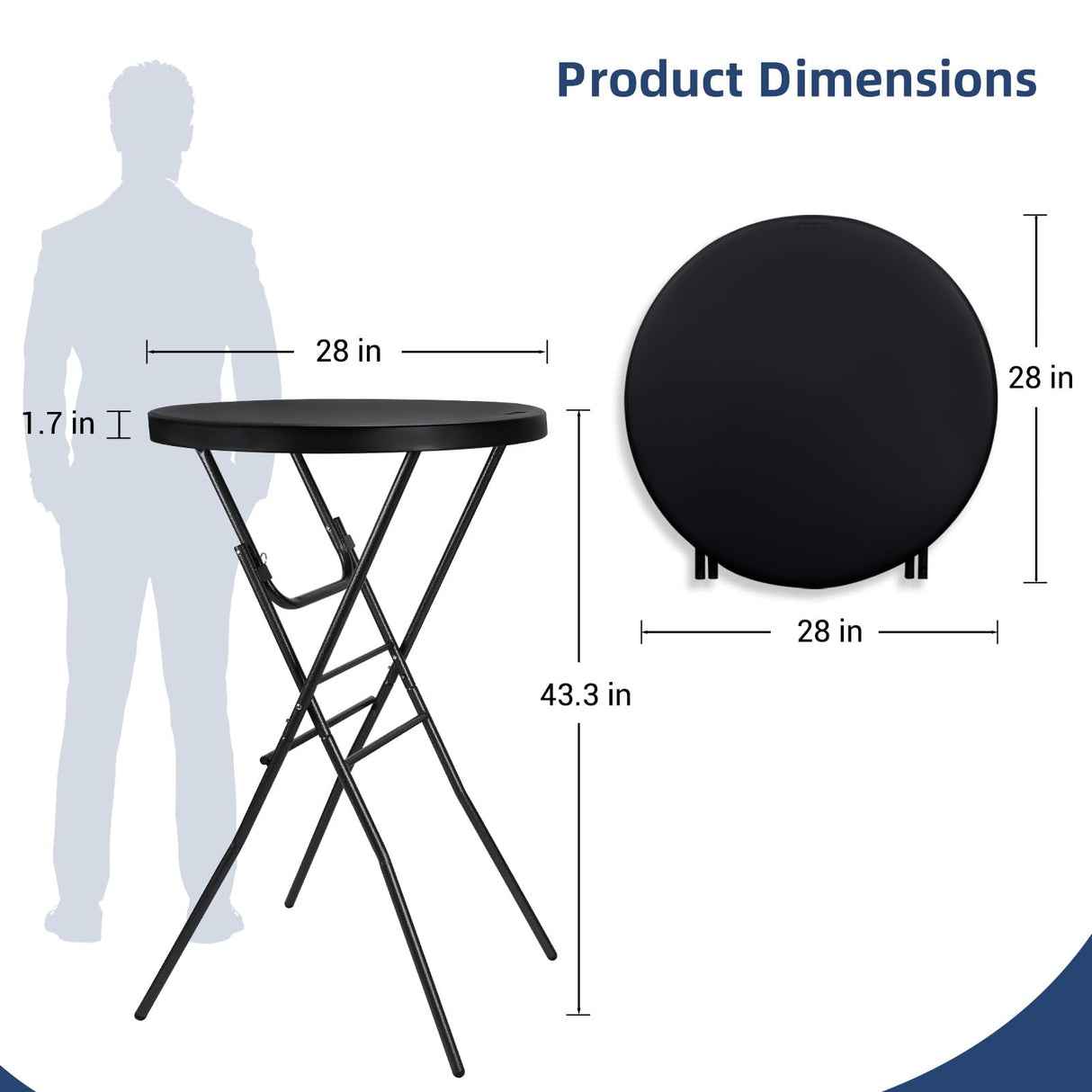 Byliable Cocktail Table 28in Folding Round High Top Indoor Outdoor with Removable Legs, Tall Bistro Foldable Bar Height Table for Parties, Patio, Backyard, Dining Room, Events, Black- 2PCS Byliable