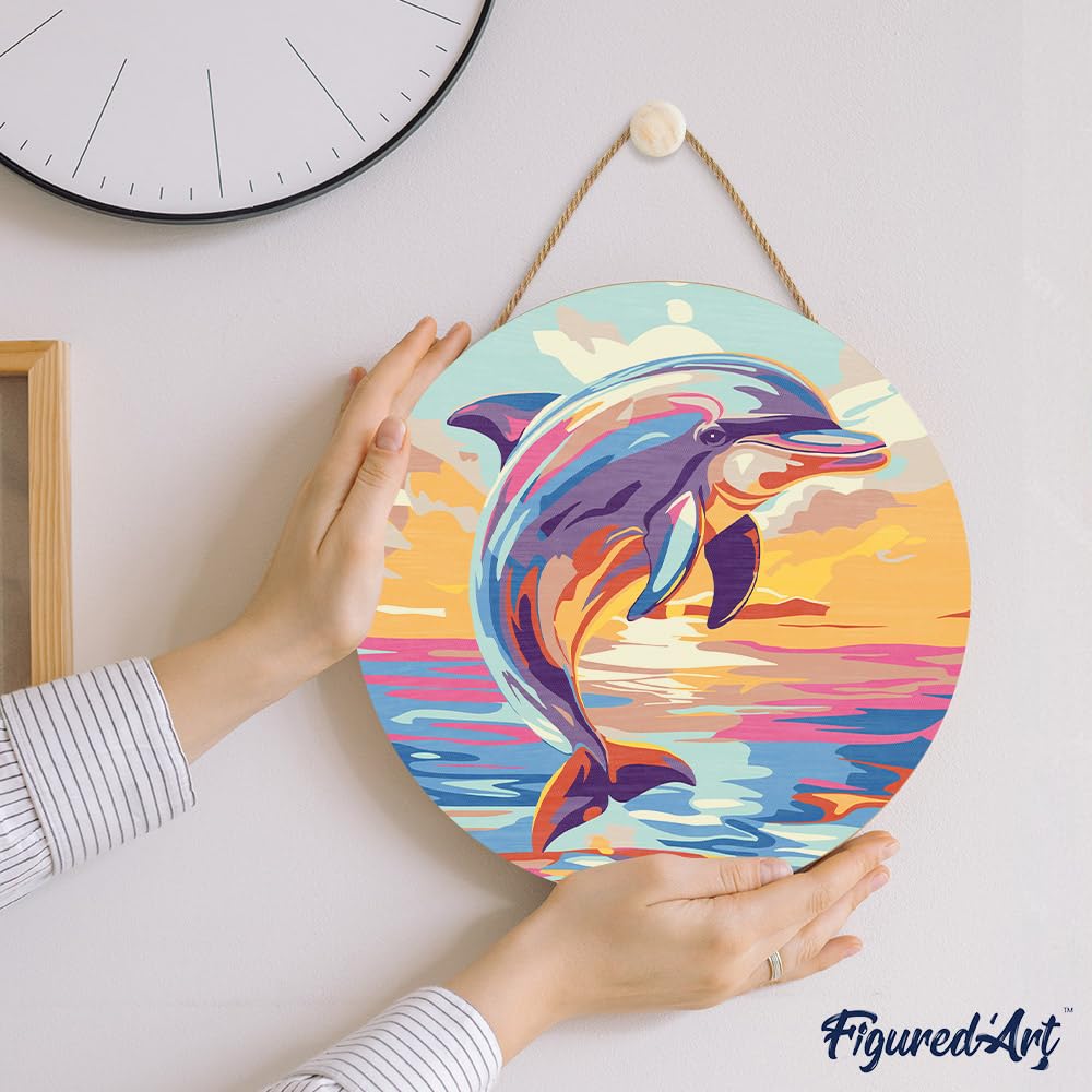 Figured'Art Paint by Numbers Kit for Adults on Wood Slice, 11.8in Diameter - Dolphin - Craft Art Painting DIY Canvas Figured'Art