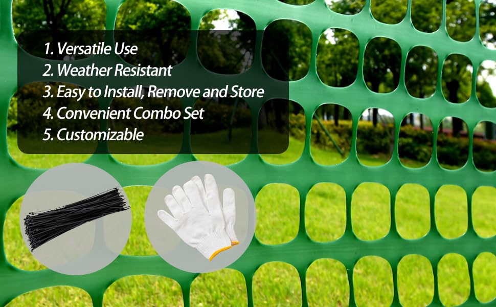 PotatoLife Plastic Mesh Fence Safety Fence, 4'x100' Roll with 100 Zip Ties, Resuable Temporary Netting for Garden Fencing, Construction, Snow Fencing, Animal Barrier, Poultry, Deer, Patio, Green PotatoLife
