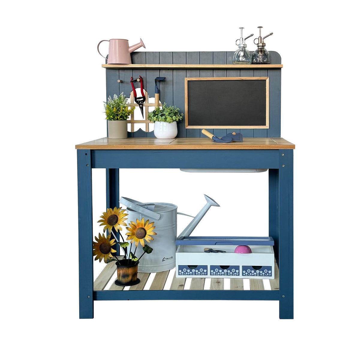GROWRKS Potting Bench Outdoor Potting Table—All-Weather Kids Solid Wood Garden Work Station with Sink、Drawing Board、Shelves, Weather Proof(Blue, Large) GROWRKS