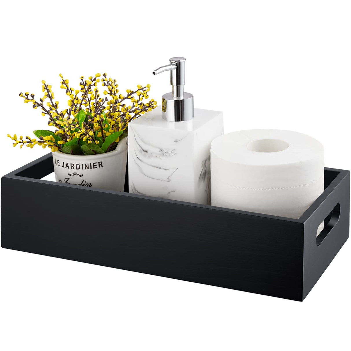 ALELION Black Bathroom Basket - Wooden Toilet Tank Paper Basket with Handle for Organizing - Back of Toilet Storage Organizer for Bathroom Tank Topper Counter - Black Bathroom Decor Box ALELION