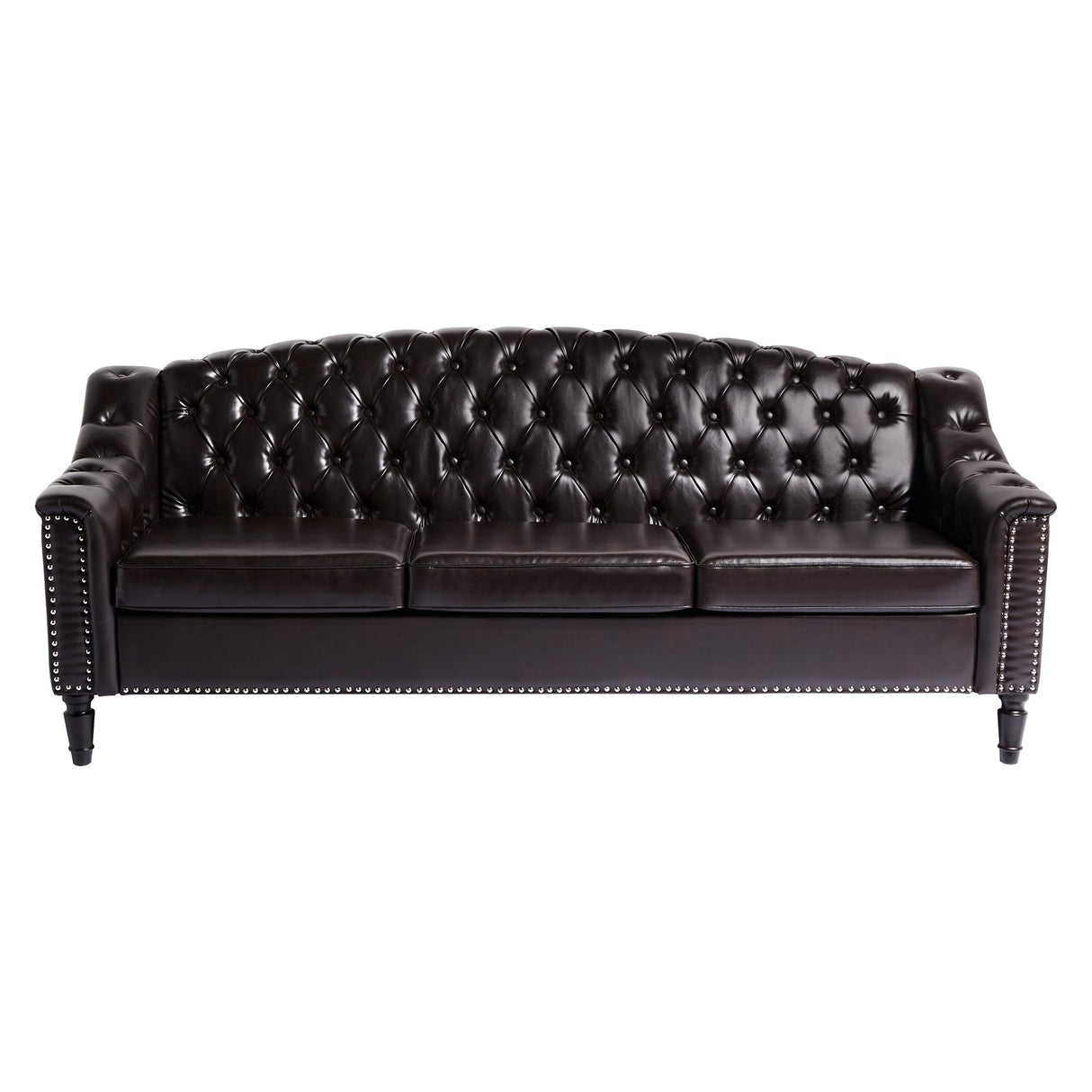 LEVNARY Mid-Century Modern Leather Couch, 80" Large Upholstered Sofa with High Back, Chesterfield Sofa Sleeper Settee with Solid Wood Legs, Tufted 3 Seater Wide Couches for Living Room Office (Brown) LEVNARY