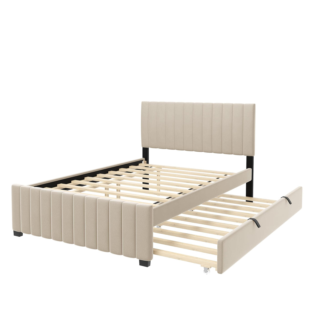 Merax Full Size Bed with Trundle, Velvet Upholstered Platform Bed Frame, No Box Spring Needed, Wood Slat Support, Modern Luxury Bedroom Furniture for Small Space, Beige Merax