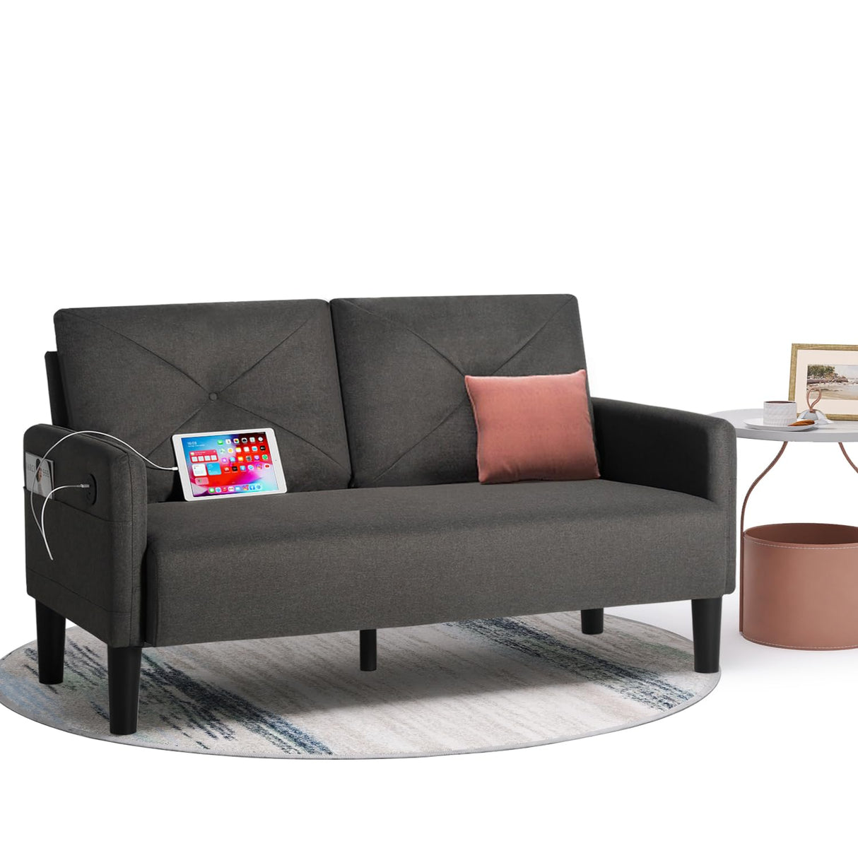 CHYMSUN 56" W Loveseat Sofa, Mid Century Modern Sofa Couch w/ 2 USB & Side Pocket, Small Love Seat Sofas for Living Room, Tufted Couches for Small Spaces, Bedroom, Office, Apartment (1, Dark Grey) CHYMSUN