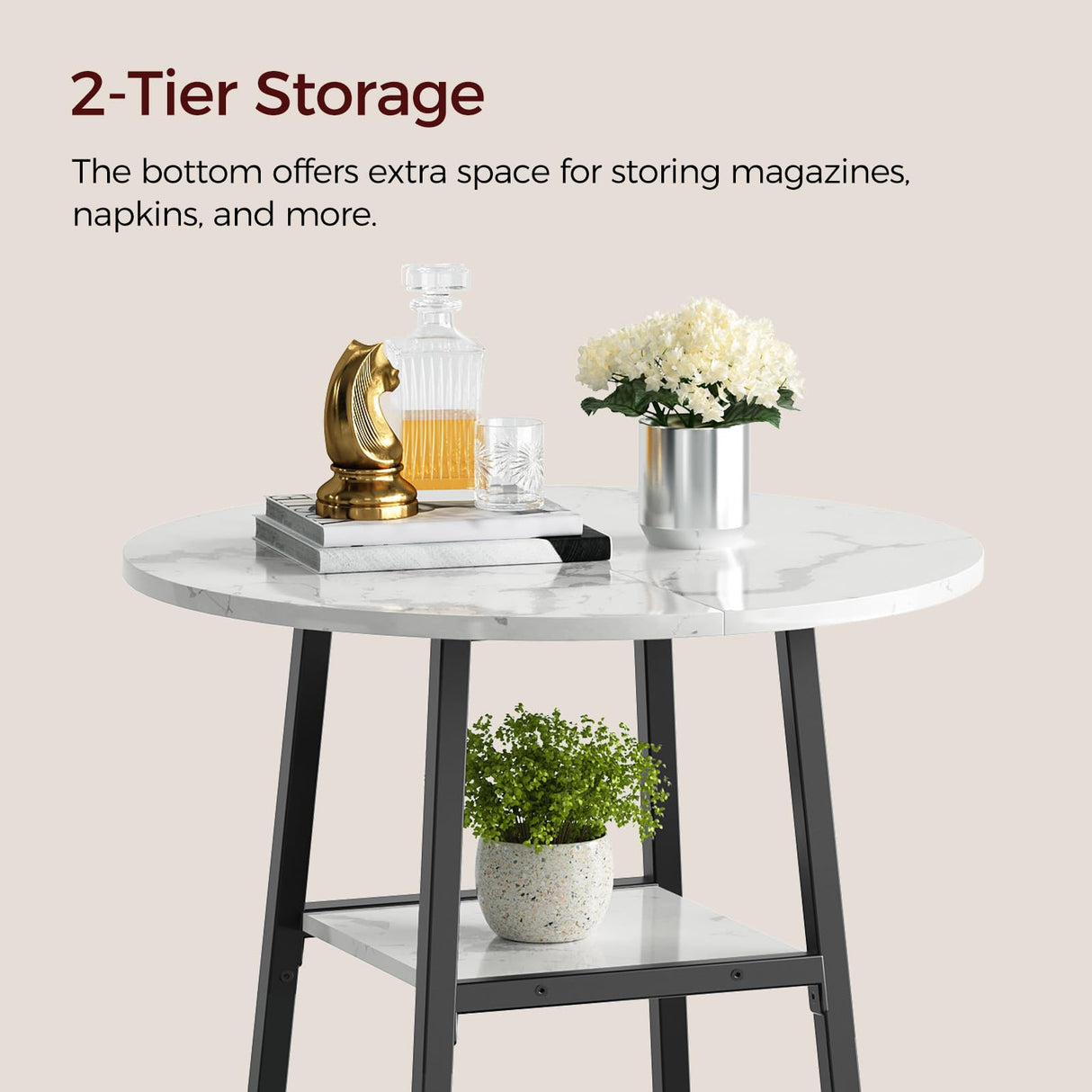 MAHANCRIS Round Bar Table, 37.4" High Pub Top Table with Footrest, 2-Tier Counter Height Cocktail Tables with Storage, Bistro Table for Small Spaces, Easy to Assemble, Marble and Black BTHM12501 MAHANCRIS